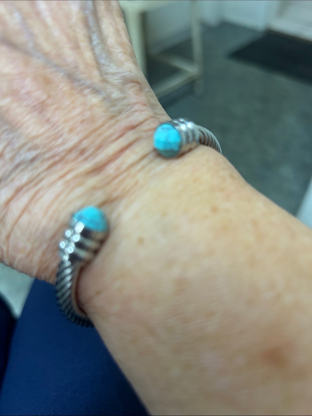 Stainless steel Silver genuine, gemstone Cable Cuff Bracelet with Turquoise Ston